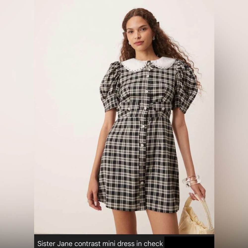 NWT Sister Jane Quill Check Black Plaid Puff Sleeve Rhinestone Mini Dress, Med